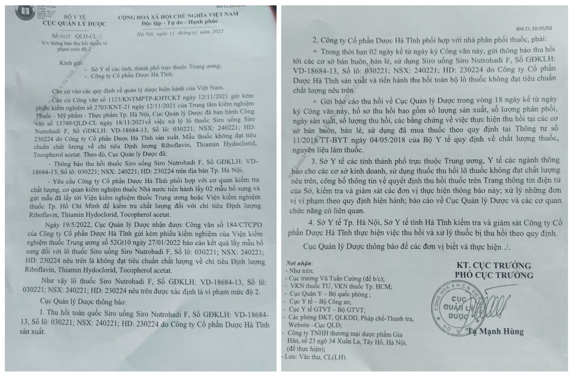 Thuốc Siro Nutrohadi F bị buộc thu hồi trên toàn quốc