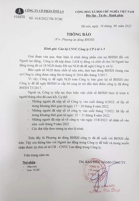 Công ty Cổ phần Ô tô 1-5 chậm chốt sổ BHXH cho người lao động