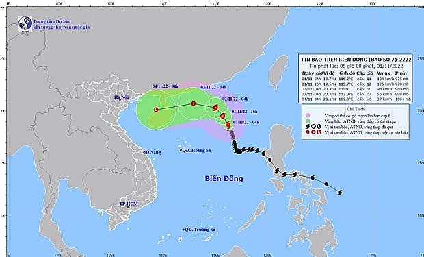 Vị trí và đường đi của bão số 7. (Nguồn: Trung Tâm Dự báo Khí tượng Thủy văn Quốc gia)