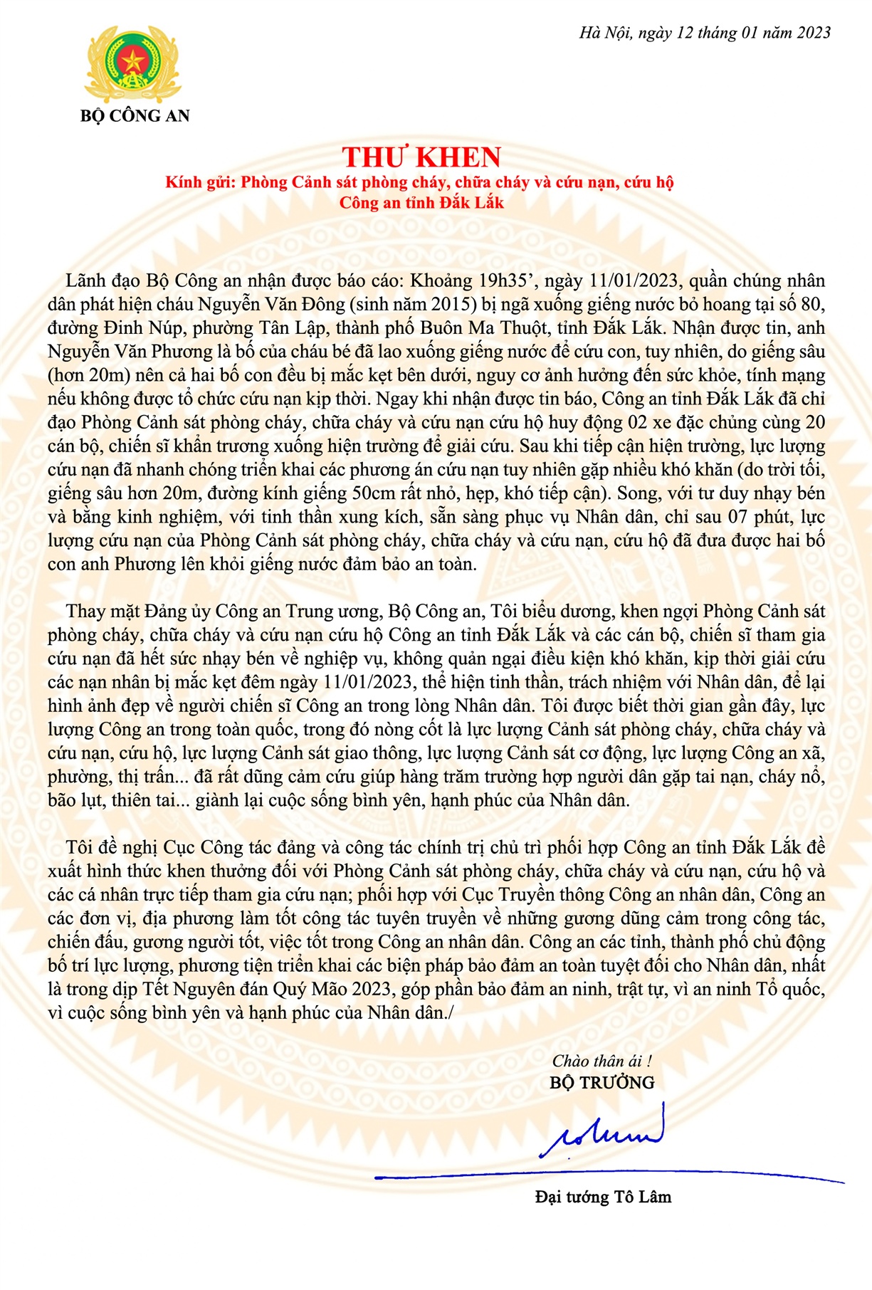 Bộ trưởng Công an gửi thư khen lực lượng giải cứu hai bố con kẹt dưới giếng sâu