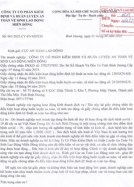 Doanh nghiệp xin dừng hoạt động kinh doanh dịch vụ về kiểm định và huấn luyện