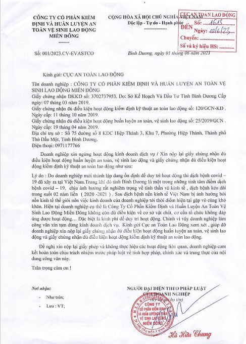 Doanh nghiệp xin dừng hoạt động kinh doanh dịch vụ về kiểm định và huấn luyện