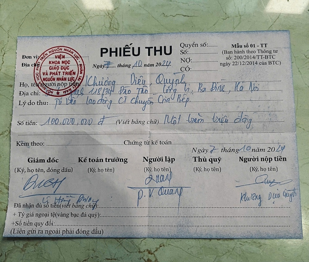 Theo lời kể của chị Q. lần đầu, chị nộp 100 triệu đồng vào tài khoản của bà Nguyễn Thị Tố Nga — Viện trưởng Viện Khoa học Giáo dục và Phát triển nguồn Nhân lực. Ảnh: NVCC